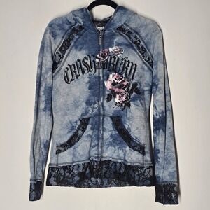 Y2k Crash & Burn Zip Hoodie M Made USA Sparkle Blue Black Lace Grunge Whimsigoth